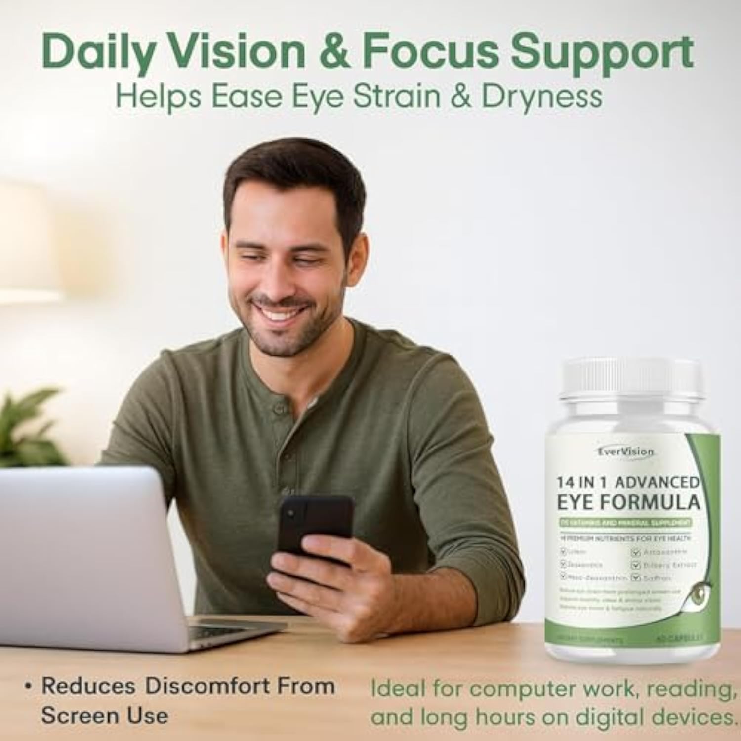 EVERVISION Lutein Eye Support Supplement 60 capsules side view