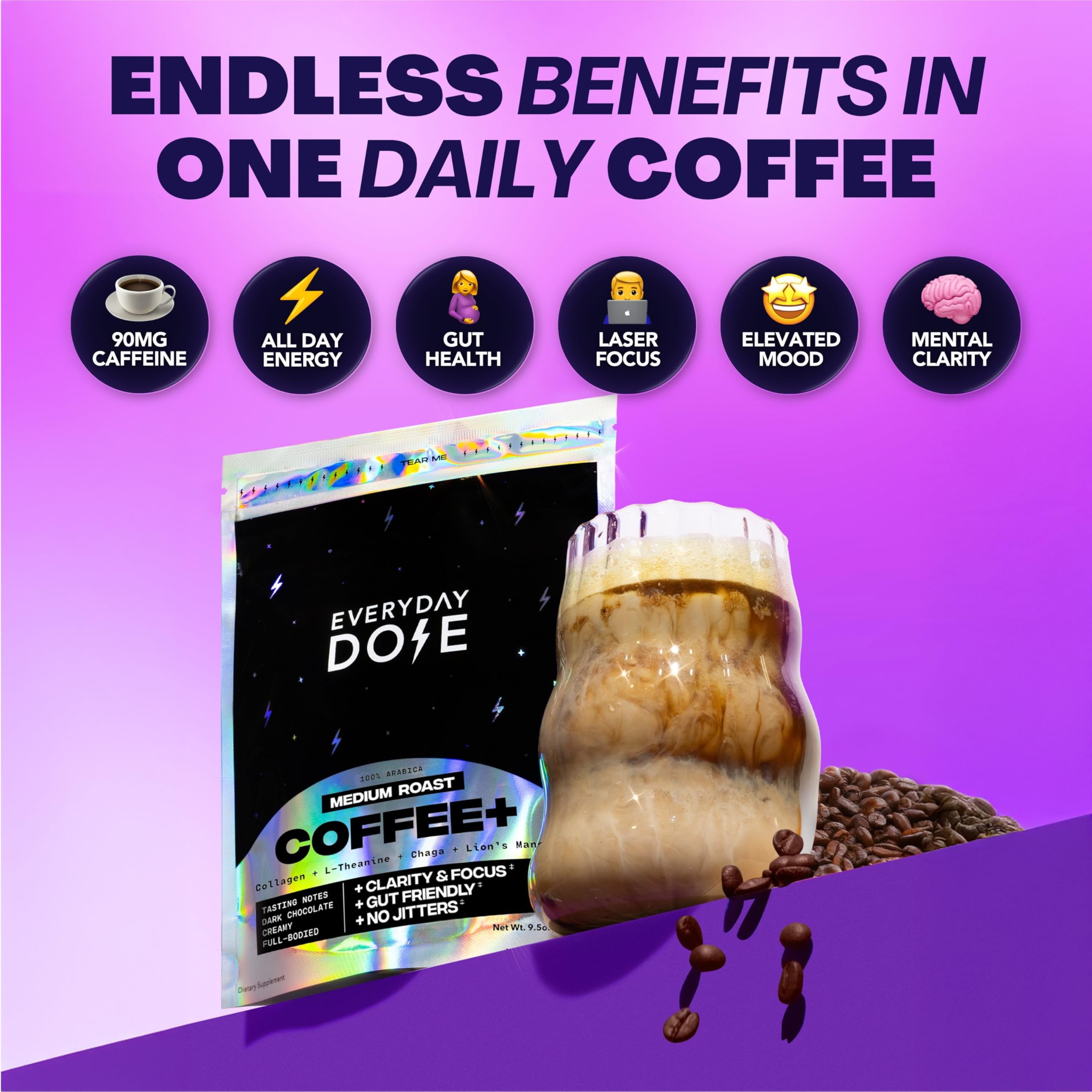 Everyday Dose Mushroom Coffee 281g in a cup with coffee beans