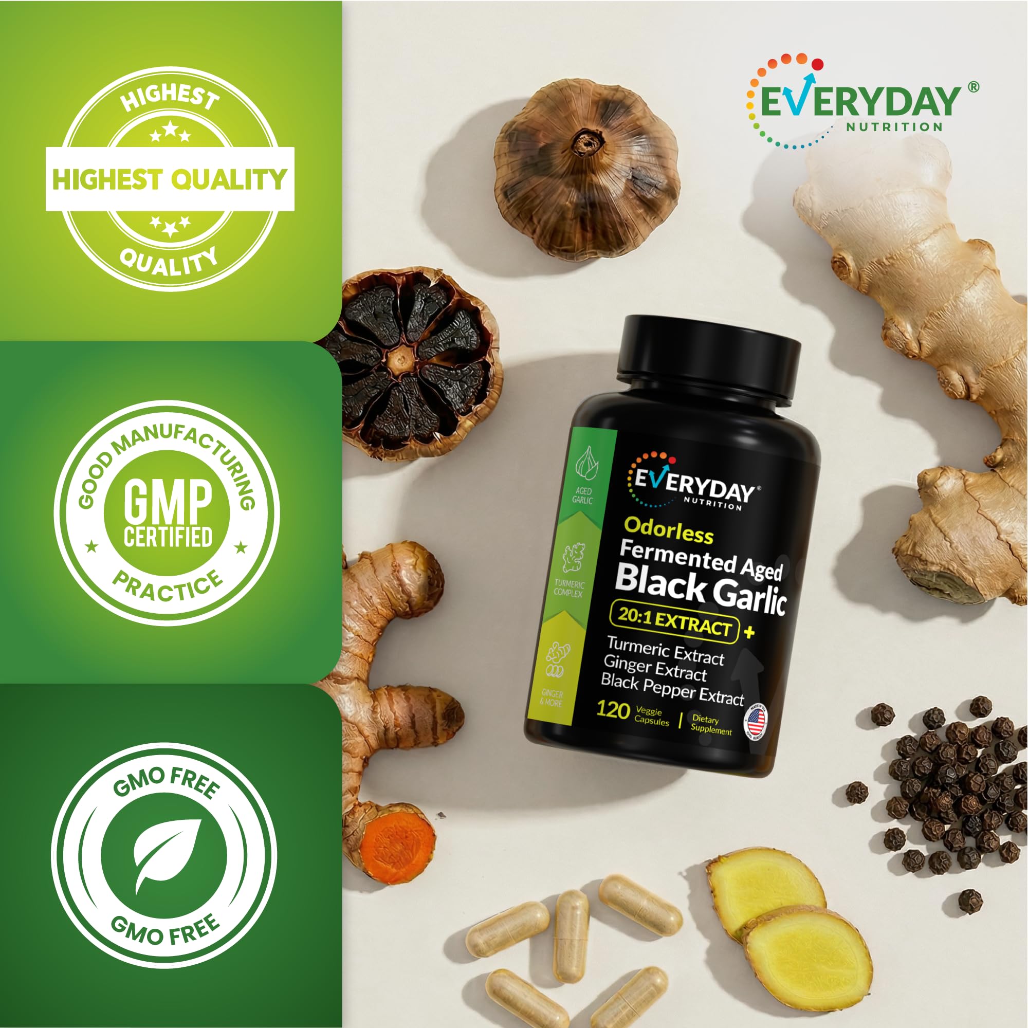 EVERYDAY NUTRITION Odourless Fermented Aged Black Garlic 20:1 Extract with measuring spoon