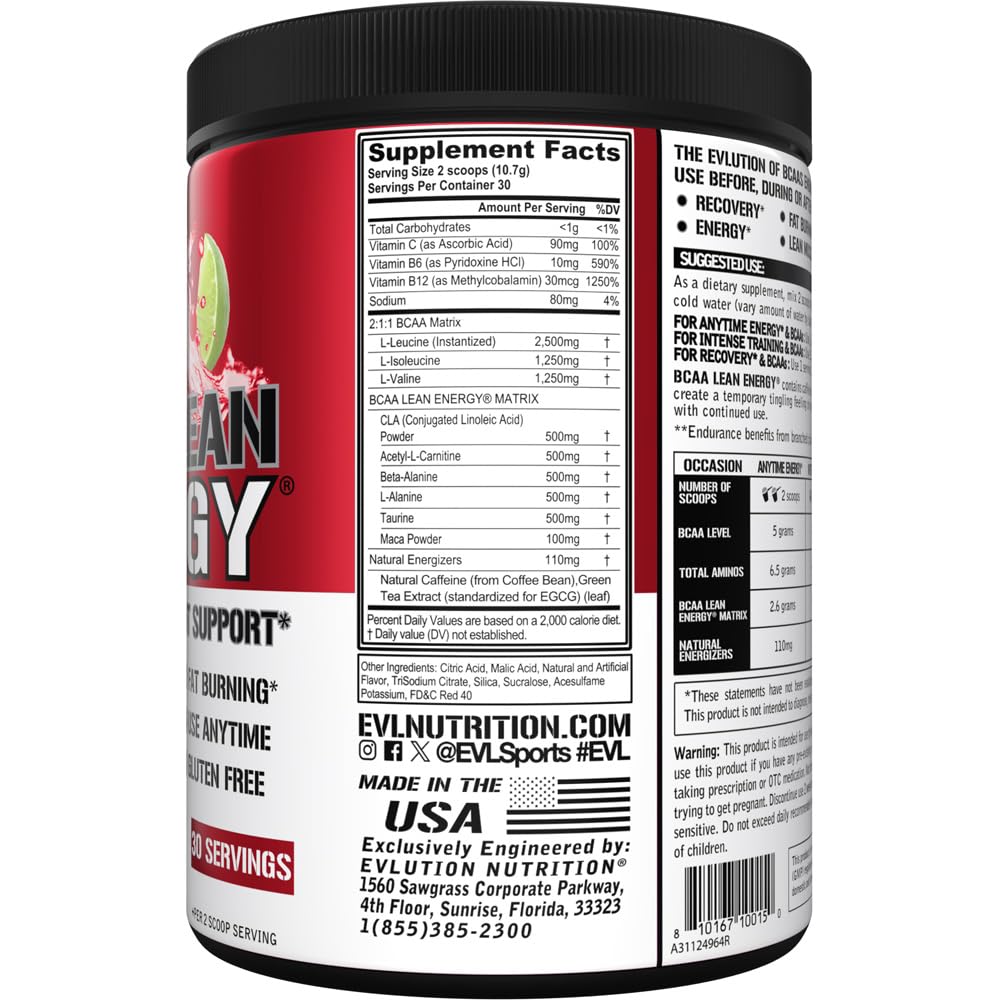 Evlution BCAA Lean Energy Powder 200g nutritional information