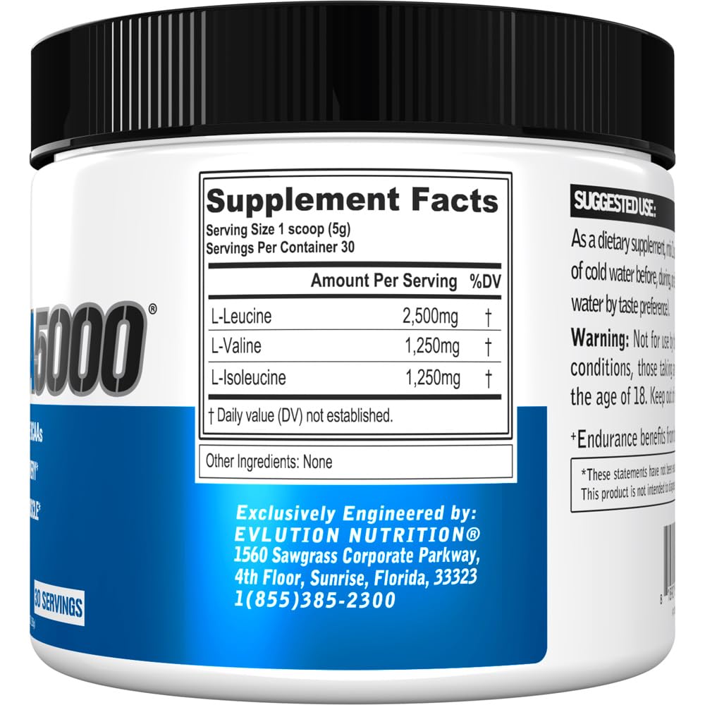 Evlution BCAA5000 Amino Acid Powder side view with label
