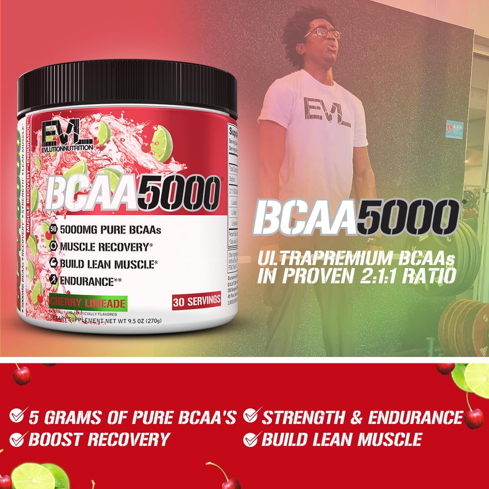 Evlution BCAA5000 Amino Acids Powder scoop next to a bottle of water