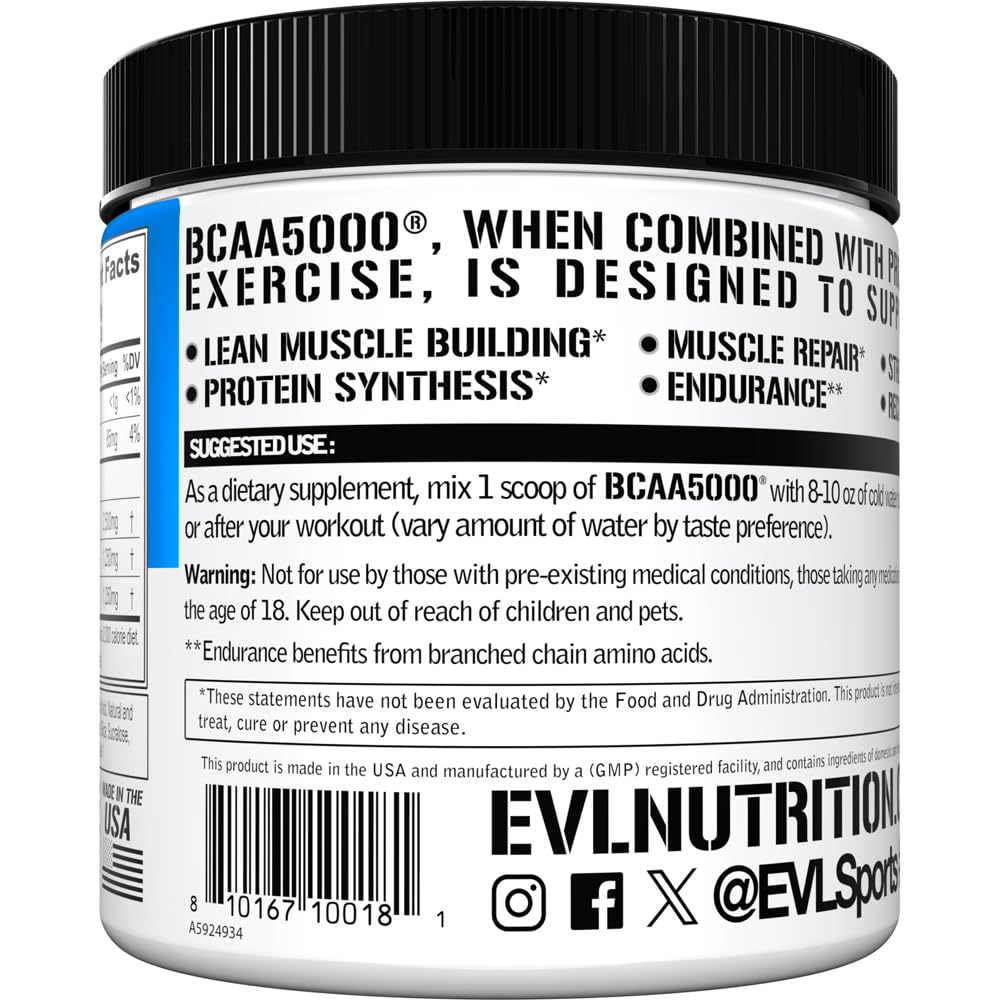 Evlution BCAA5000 bottle with nutrition facts
