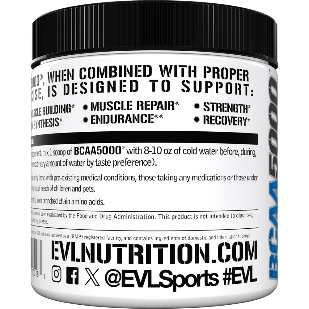 Evlution BCAA5000 displayed on a fitness background