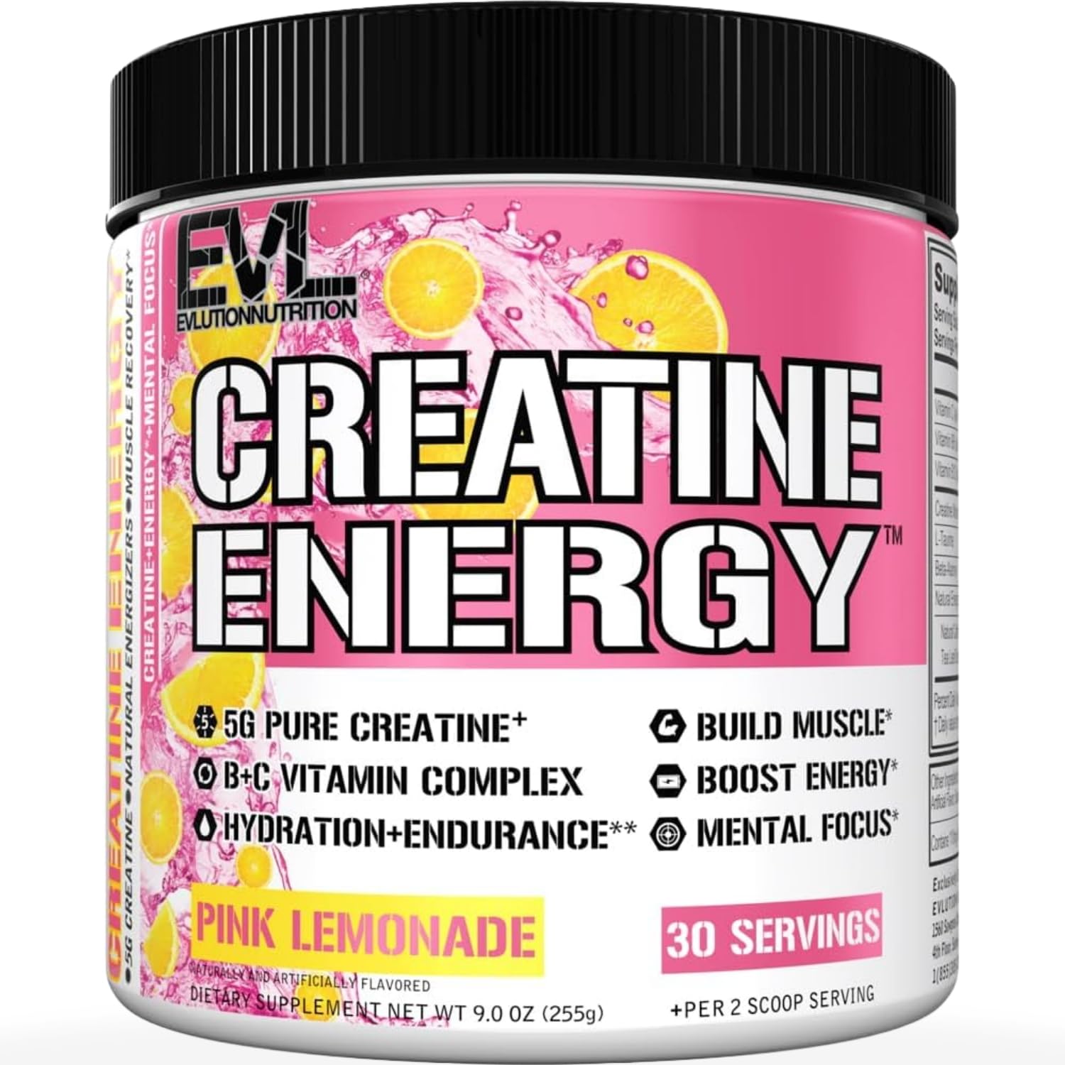 Evlution Creatine Energy Powder 255g front view with Pink Lemonade flavour