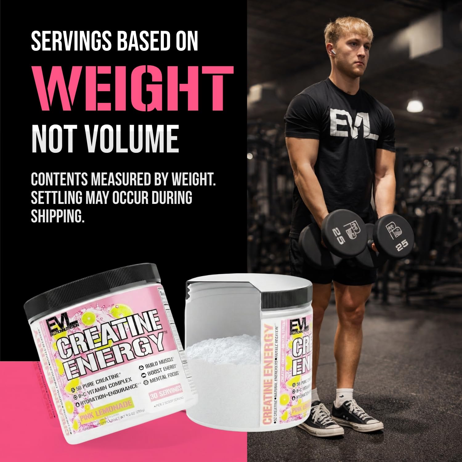 Evlution Creatine Energy Powder 255g in a gym setting