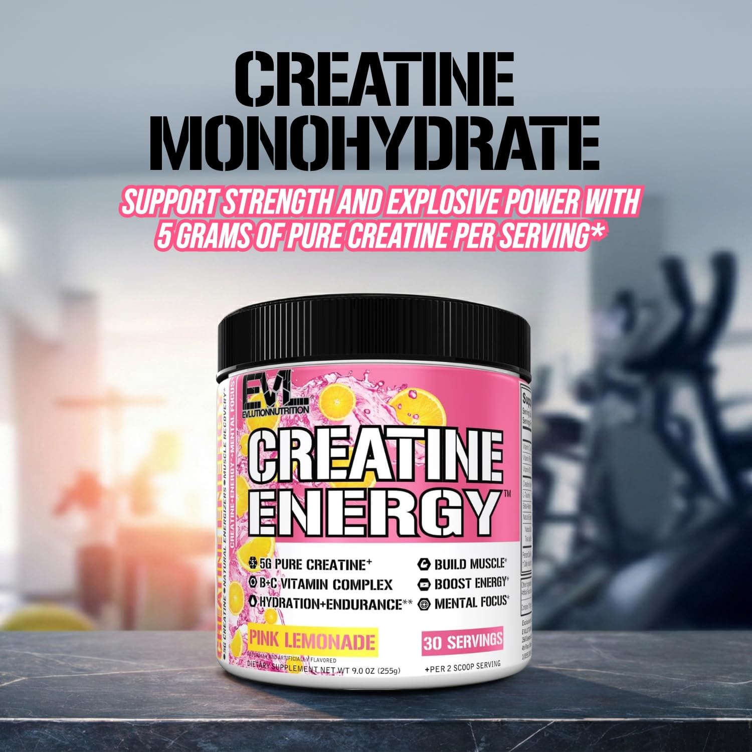 Evlution Creatine Energy Powder 255g mixed in a glass of water