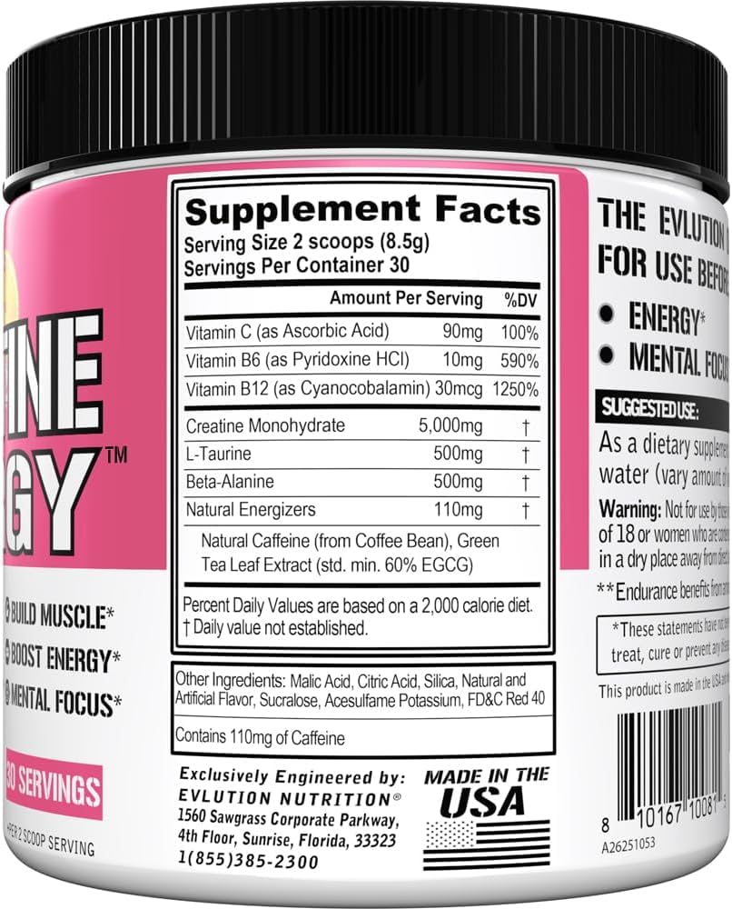 Evlution Creatine Energy Powder 255g side view with nutritional information