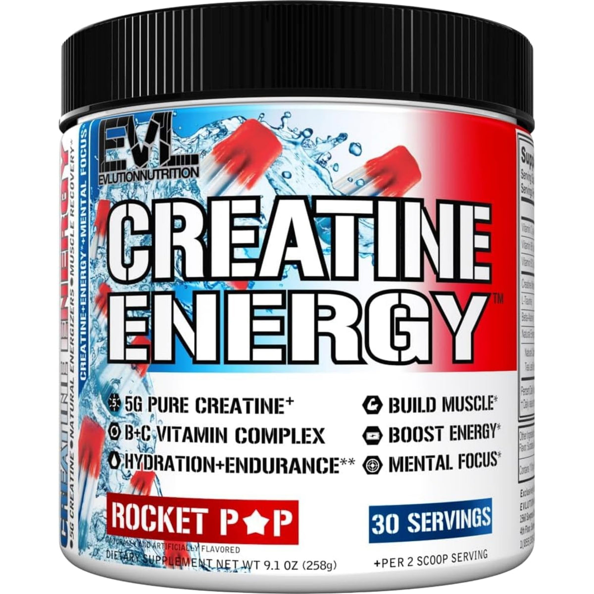 Evlution Creatine Energy Powder 258g Rocket Pop flavour front view