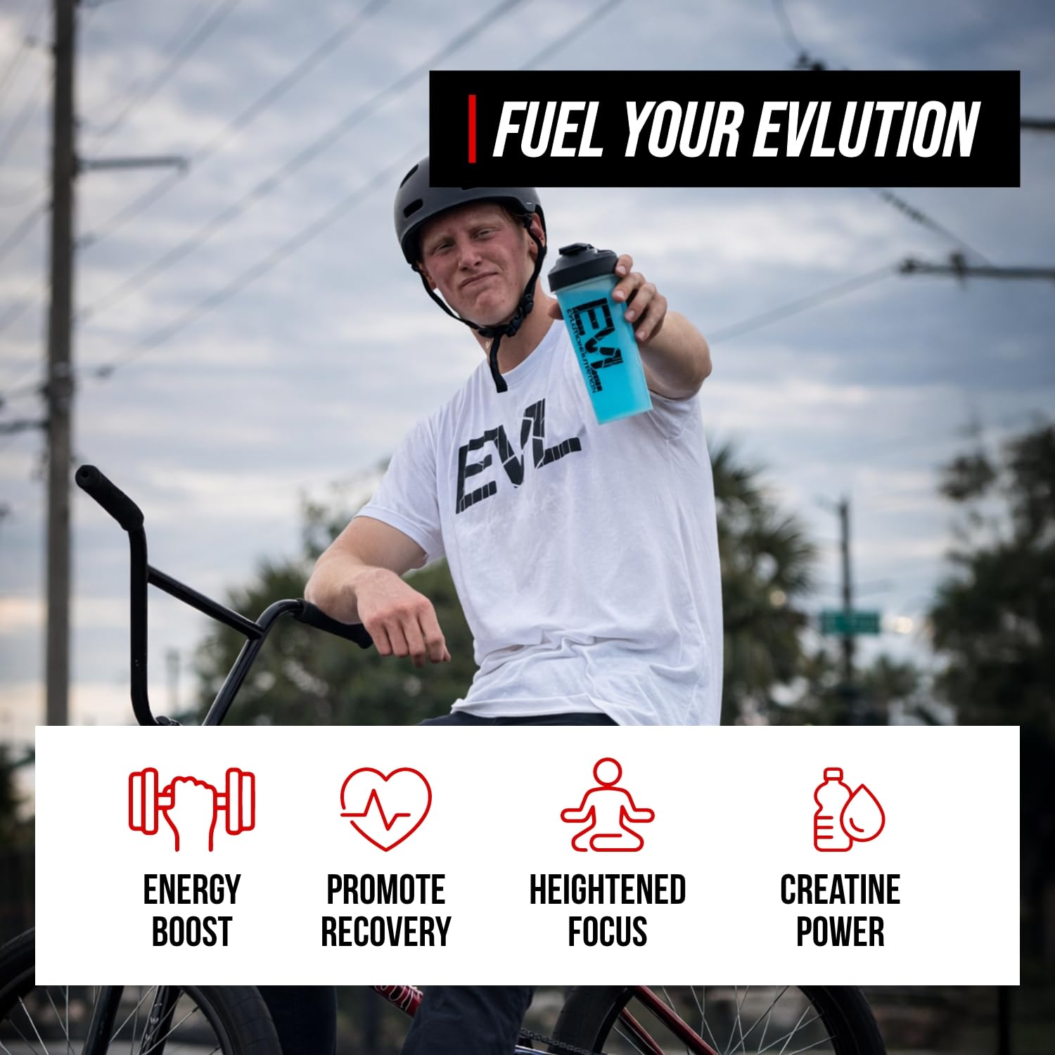 Evlution Creatine Energy Powder 258g with a scoop