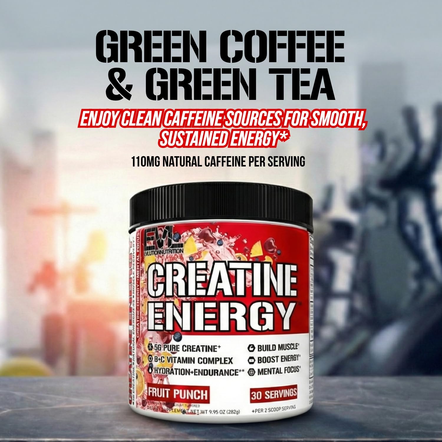 Evlution Creatine Energy Powder 282g Fruit Punch flavour scoop