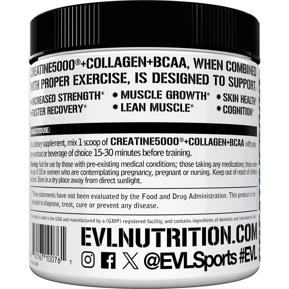 Evlution Creatine5000 + Collagen + BCAA Powder 249g ingredient list