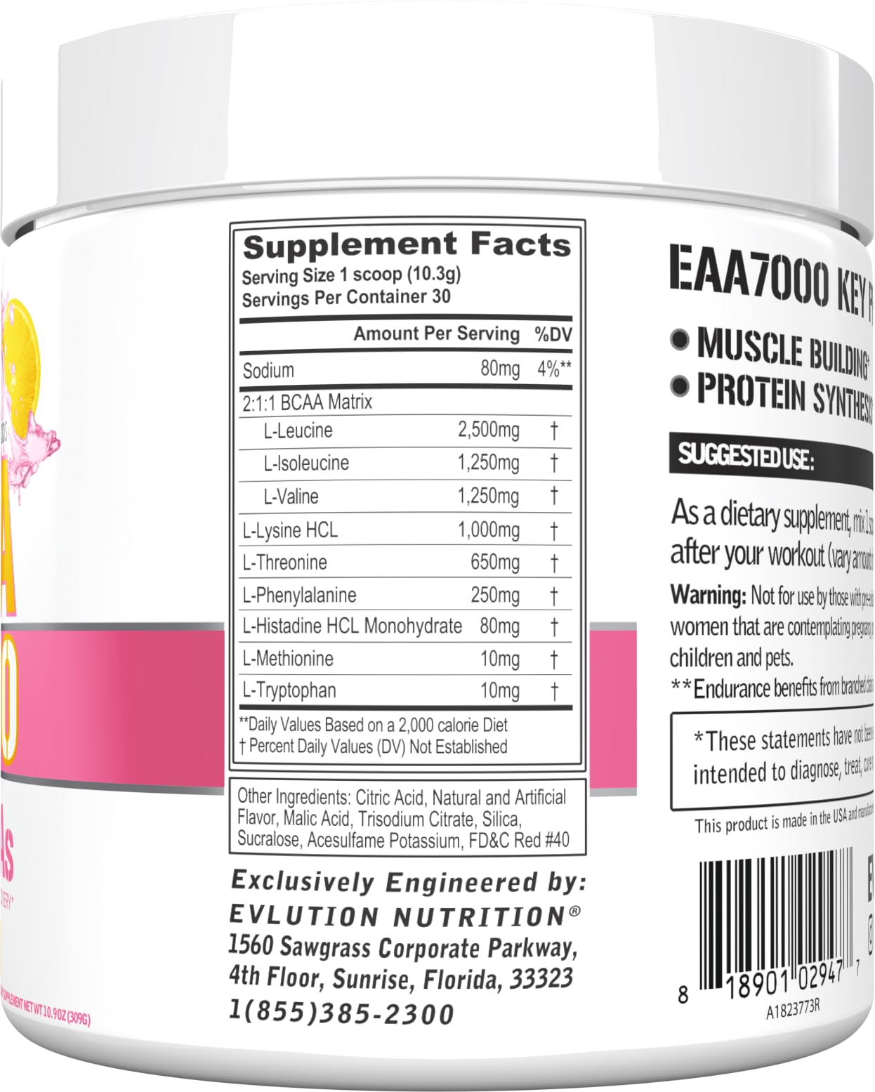 Evlution EAA7000 Essential Amino Acids Supplement back view with ingredients