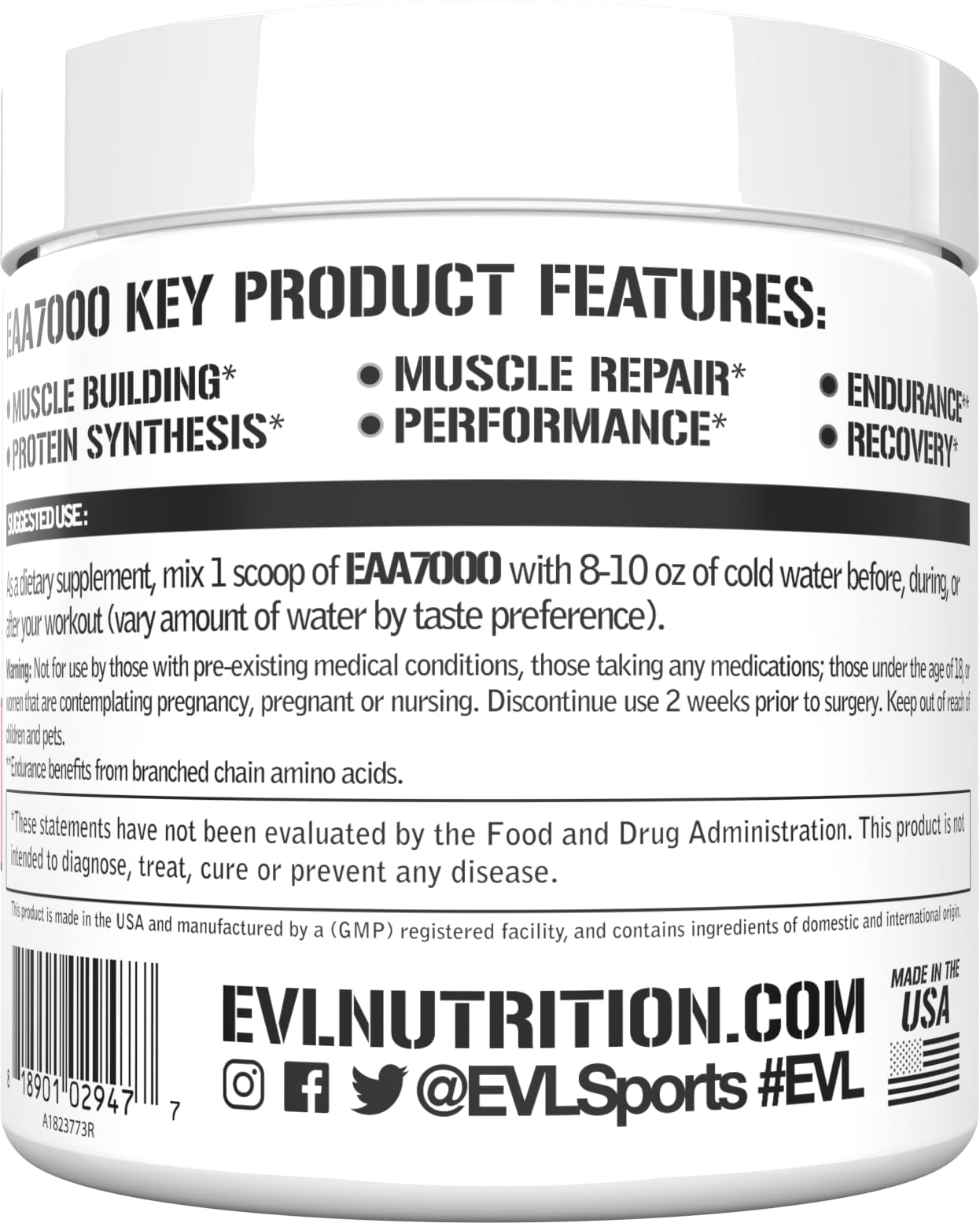 Evlution EAA7000 Essential Amino Acids Supplement side view