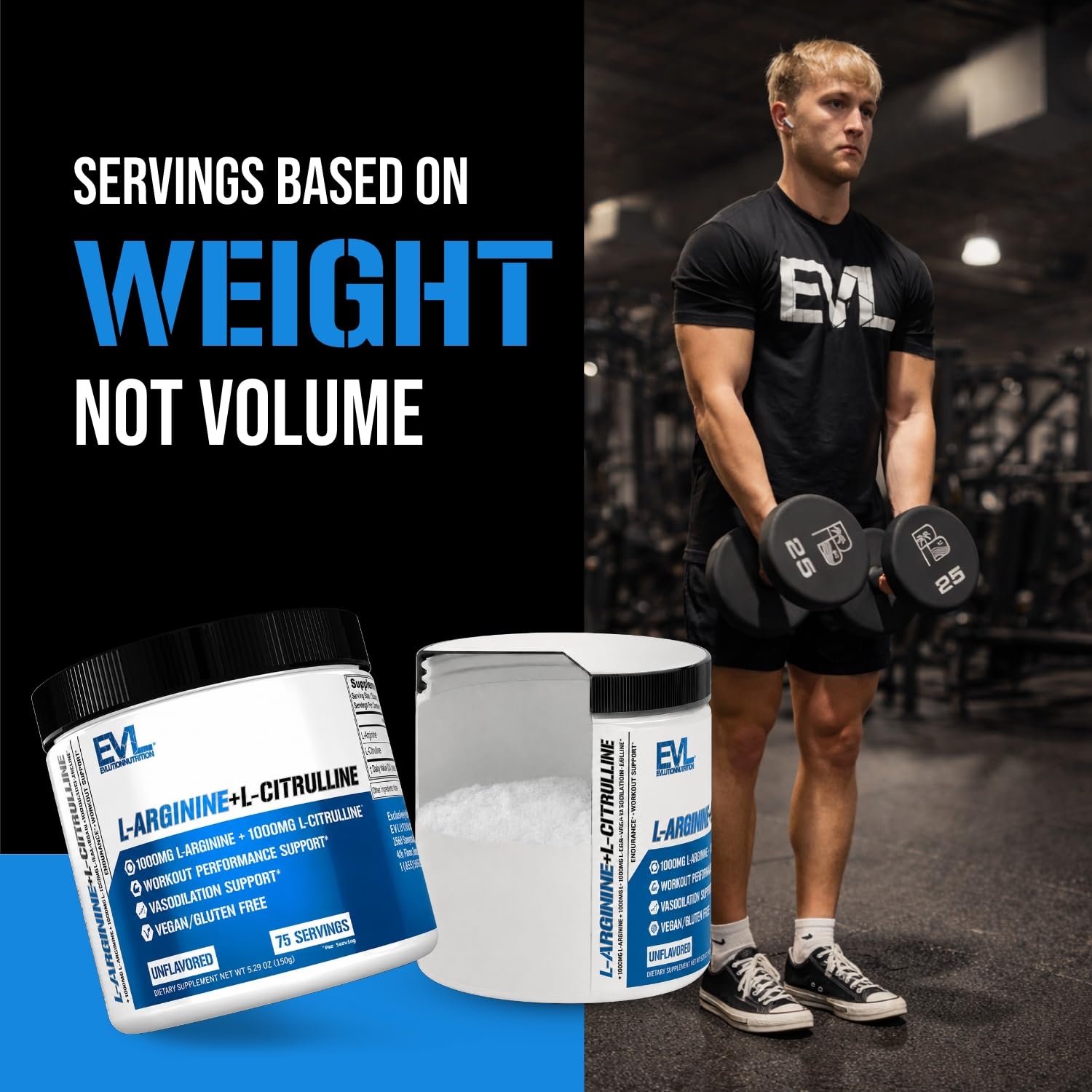 Evlution L-Arginine L-Citrulline Powder with gym equipment