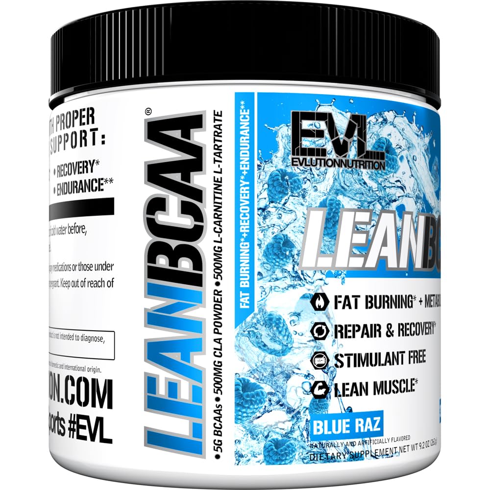 Evlution Lean BCAA Powder 267g displayed on a gym bench