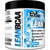 Evlution Lean BCAA Powder 267g displayed on a gym bench