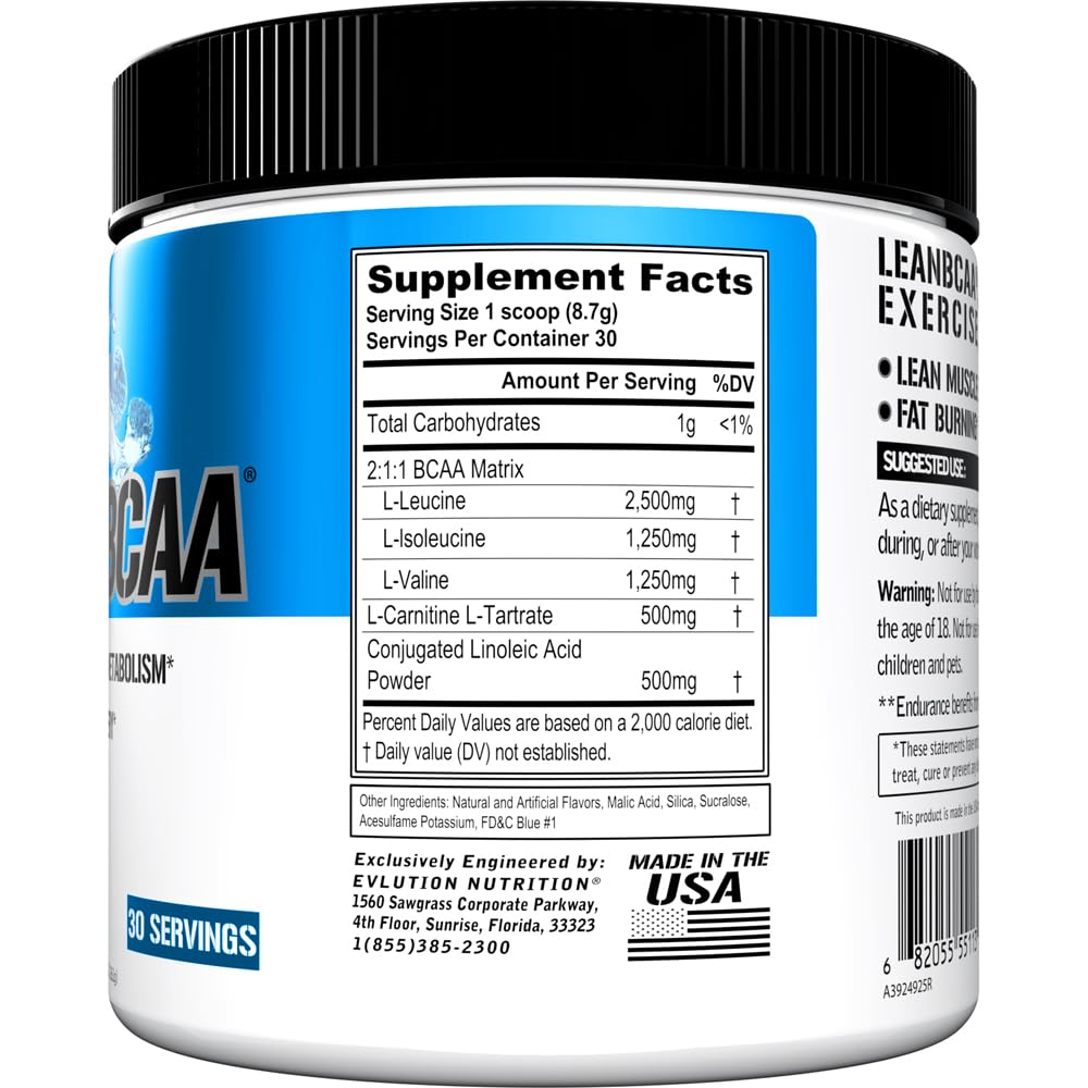 Evlution Lean BCAA Powder 267g side view showing nutritional information
