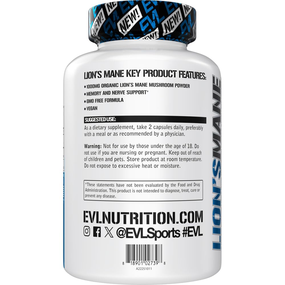Evlution Lion's Mane Mushroom Capsules 1000mg opened bottle with capsules