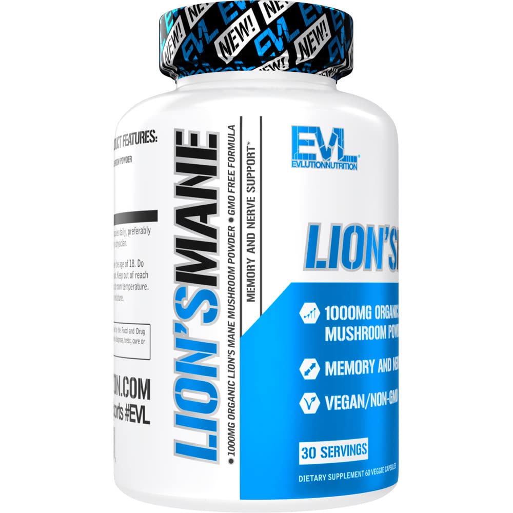 Evlution Lion's Mane Mushroom Capsules 1000mg packaging with ingredients list