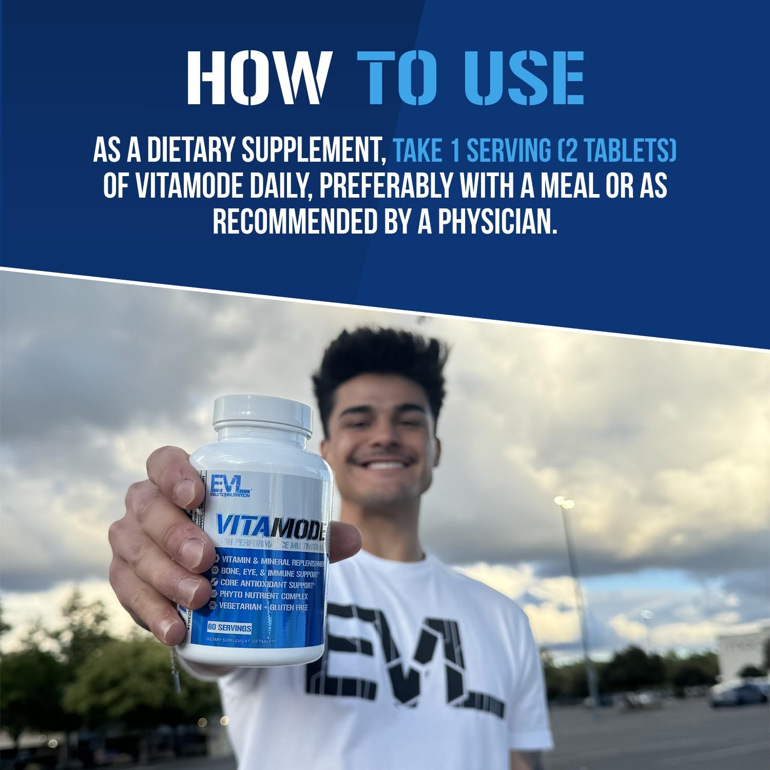 Evlution Multivitamins for Men displayed with fruits