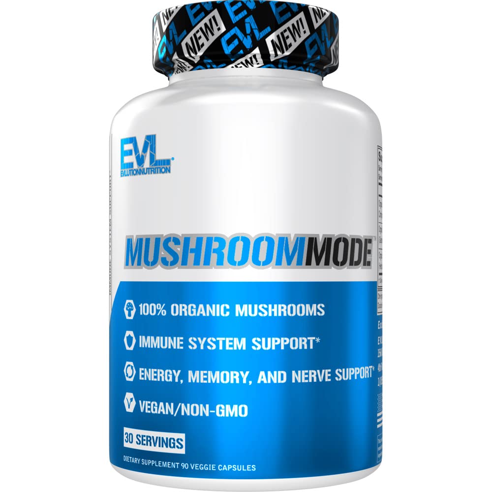 Evlution Mushroom Complex Supplement front view with three organic mushrooms