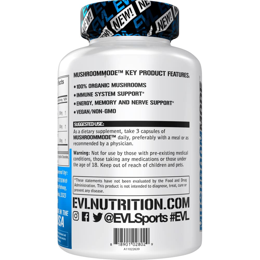 Evlution Mushroom Complex Supplement packaging with ingredients list