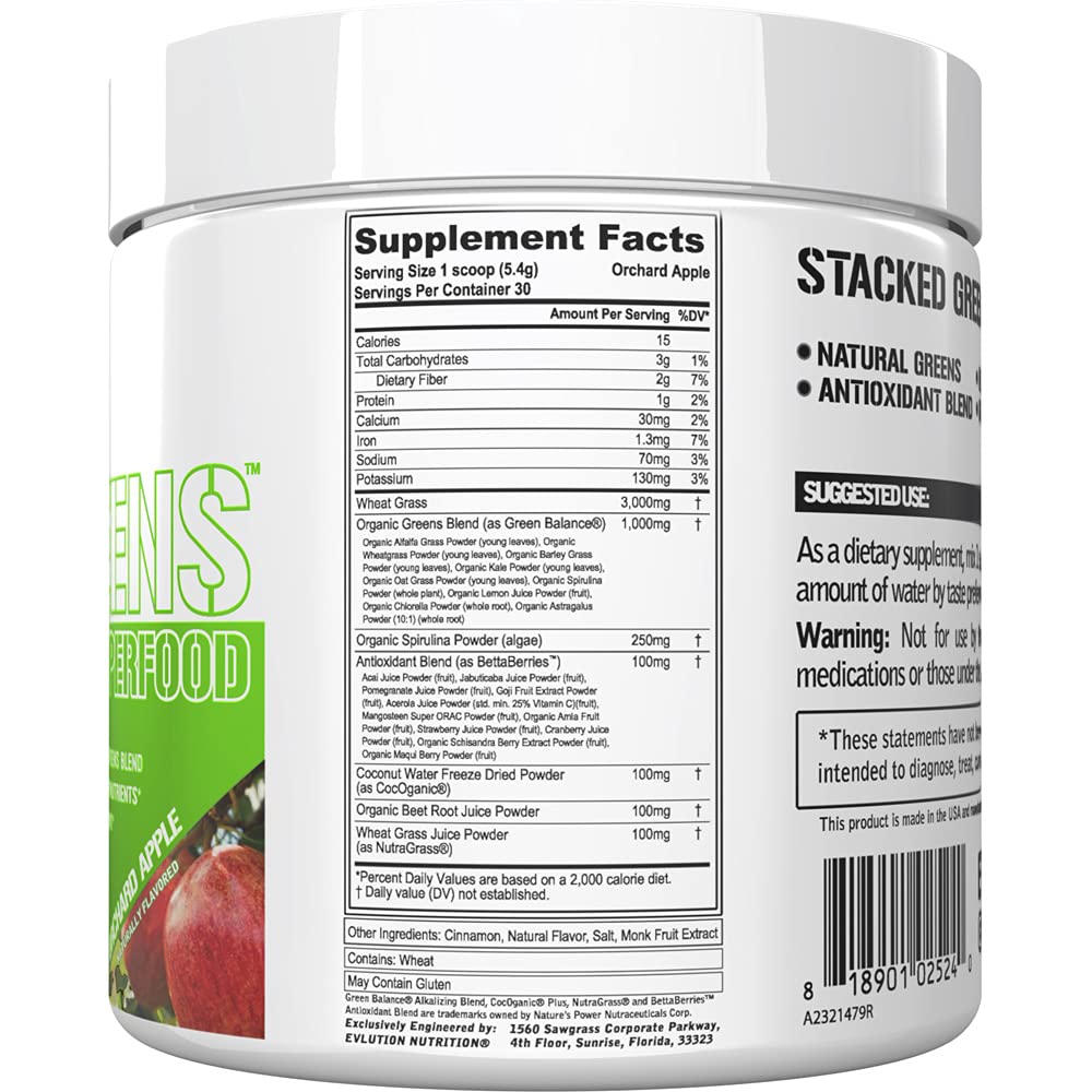 Evlution Stacked Greens Spirulina Powder scoop with Orchard Apple flavour
