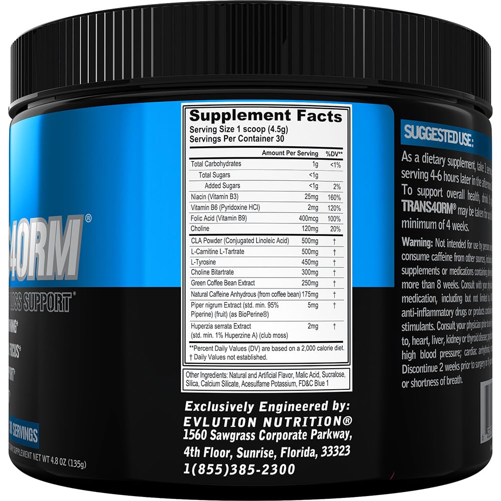 Evlution Trans4orm Fat Burner Powder 209g nutritional information