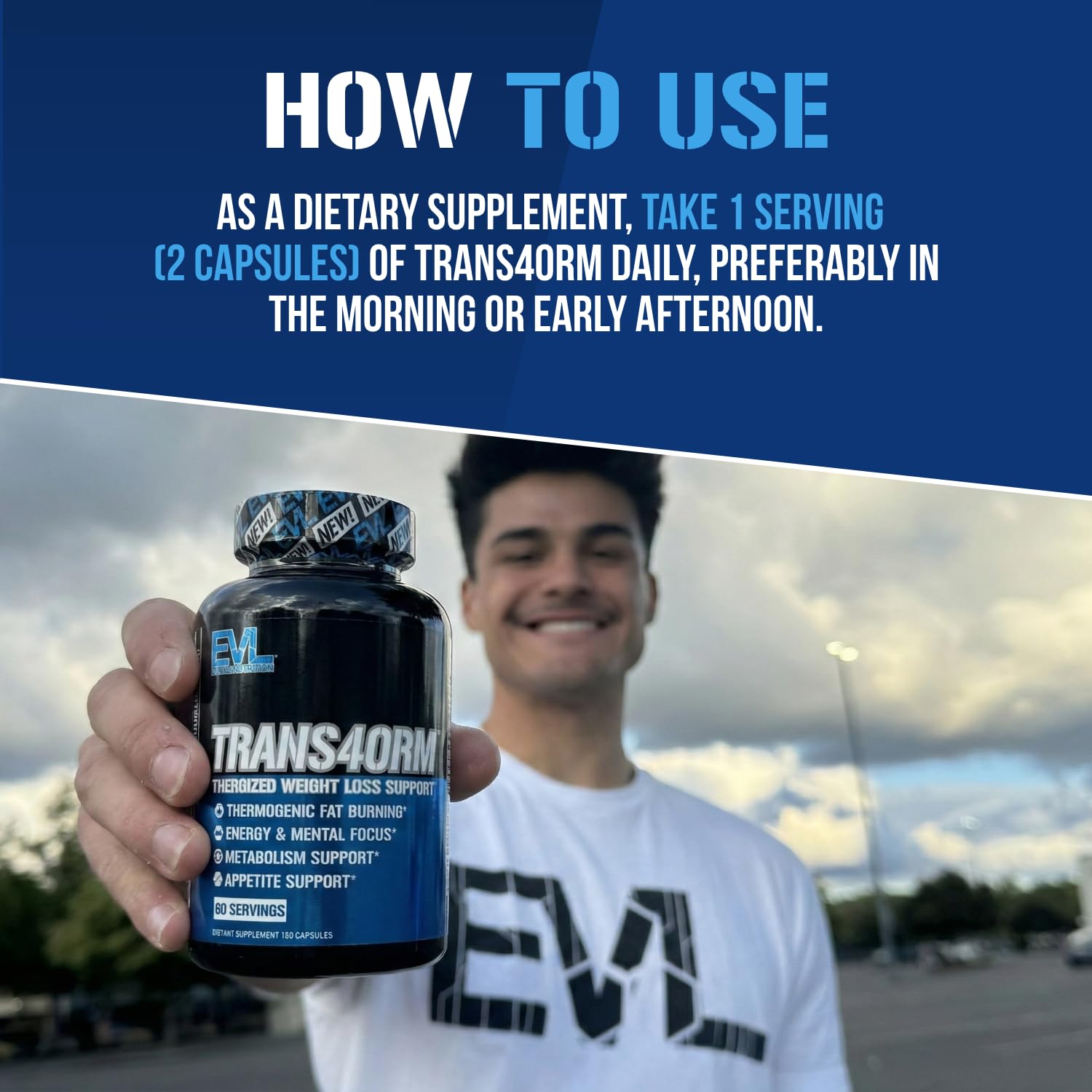 Evlution Trans4orm Fat Burner Supplement on a kitchen counter
