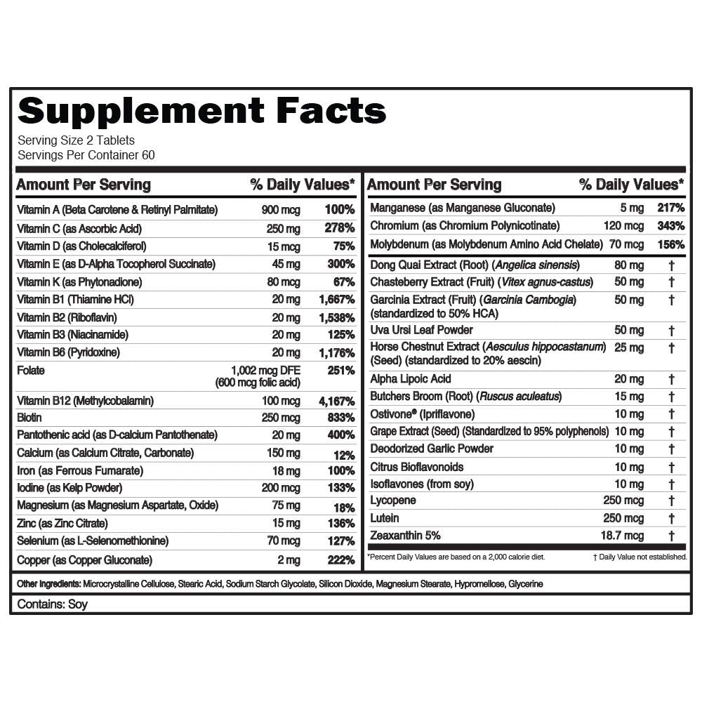 Evlution Women's Multivitamin 30 Capsules back view with ingredient list