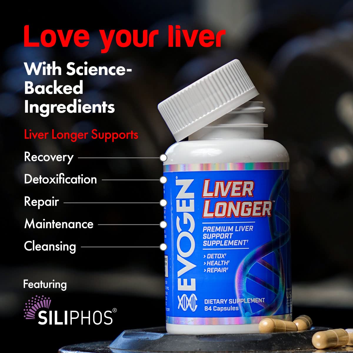 Evogen Advanced Liver Support Formula 109g opened with capsules
