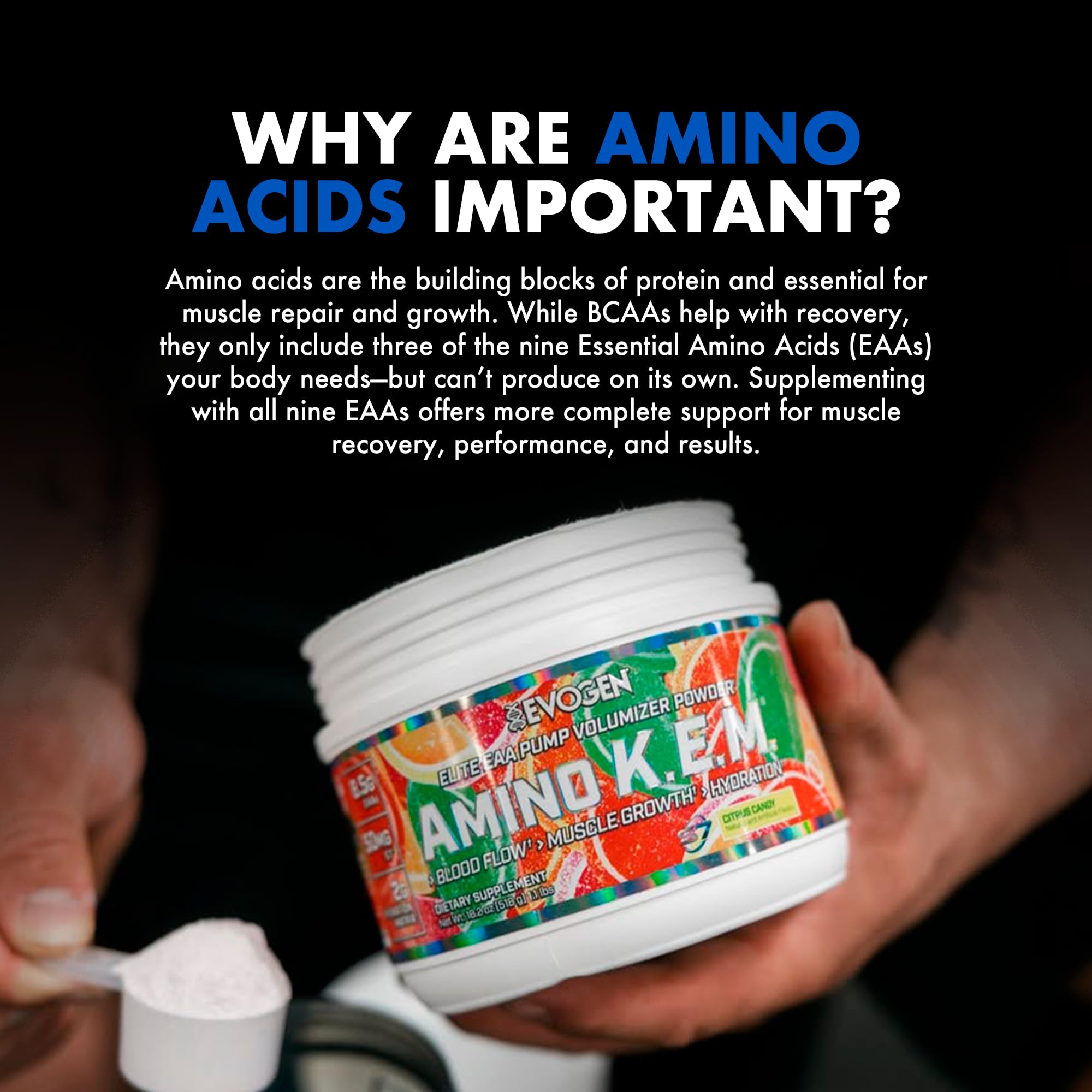 Evogen Amino Acids BCAAs 621g showing serving suggestion