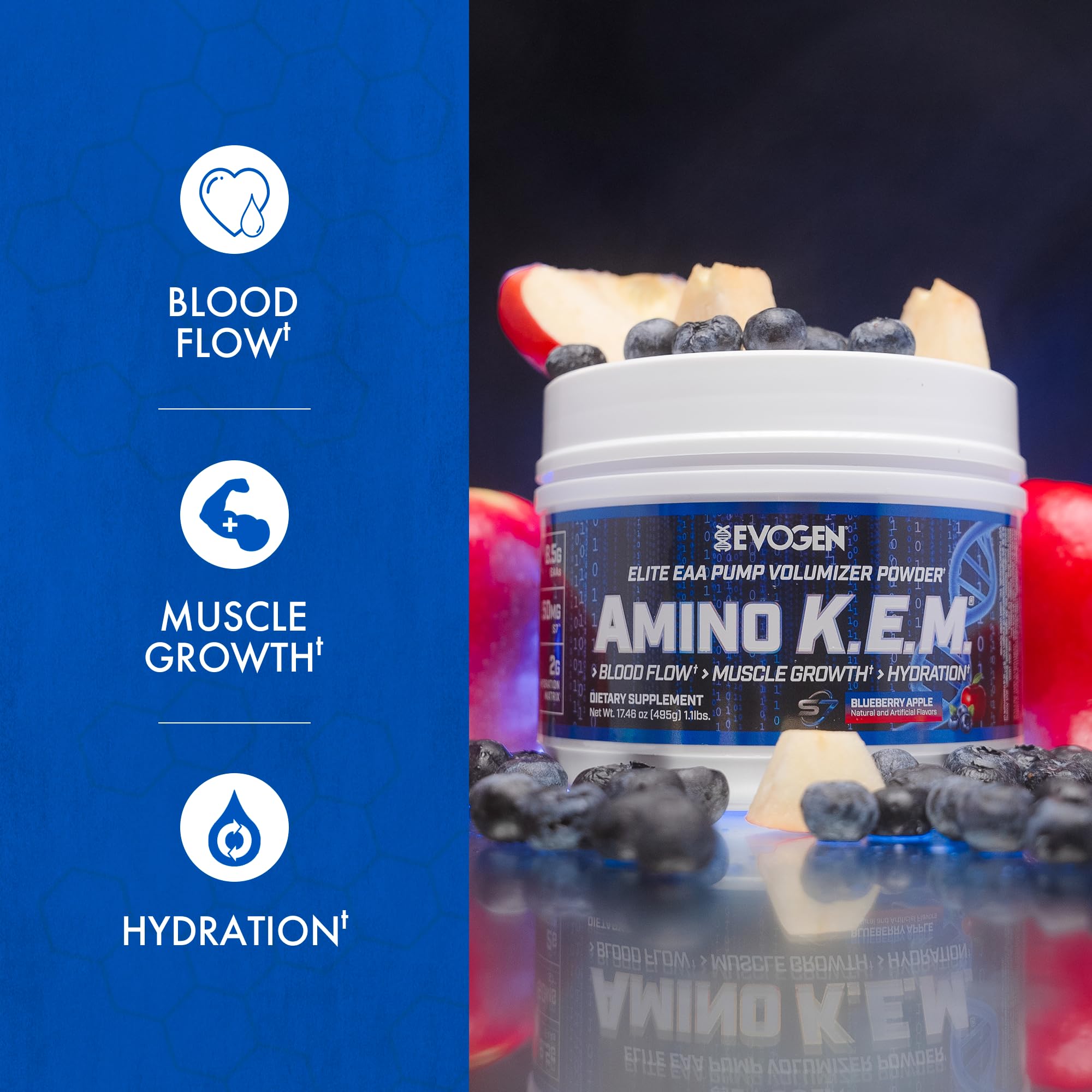 Evogen Amino K.E.M. EAA & BCAA Powder 492g side view