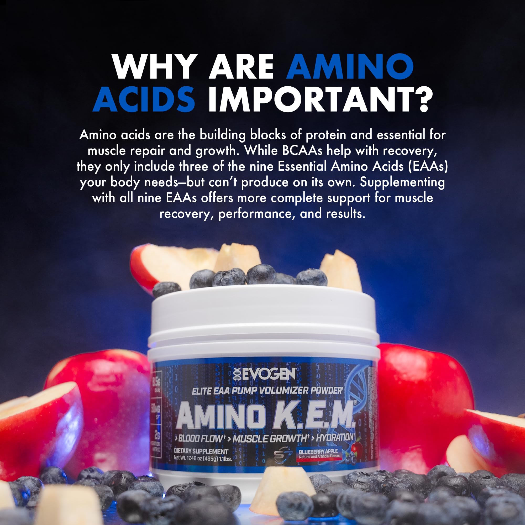 Evogen Amino K.E.M. EAA & BCAA Powder 492g with shaker bottle
