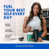 Evogen Evogreens Organic Spirulina Superfood Powder 340g with a glass of water