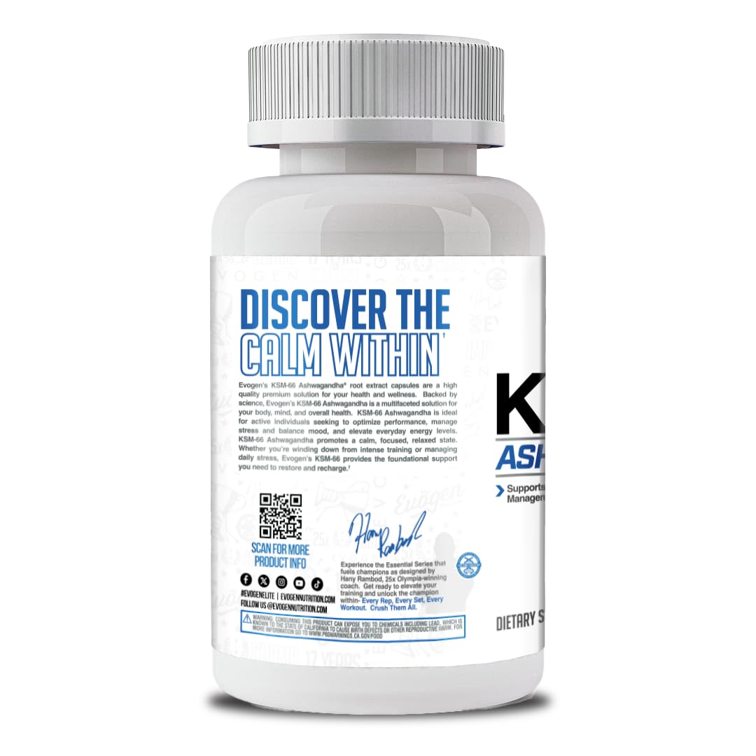 Evogen KSM-66 Ashwagandha supplement with measuring spoon