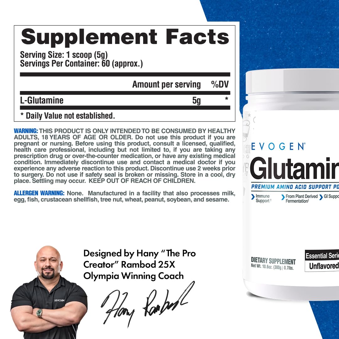 Evogen L-Glutamine Powder 300g back view with nutritional information