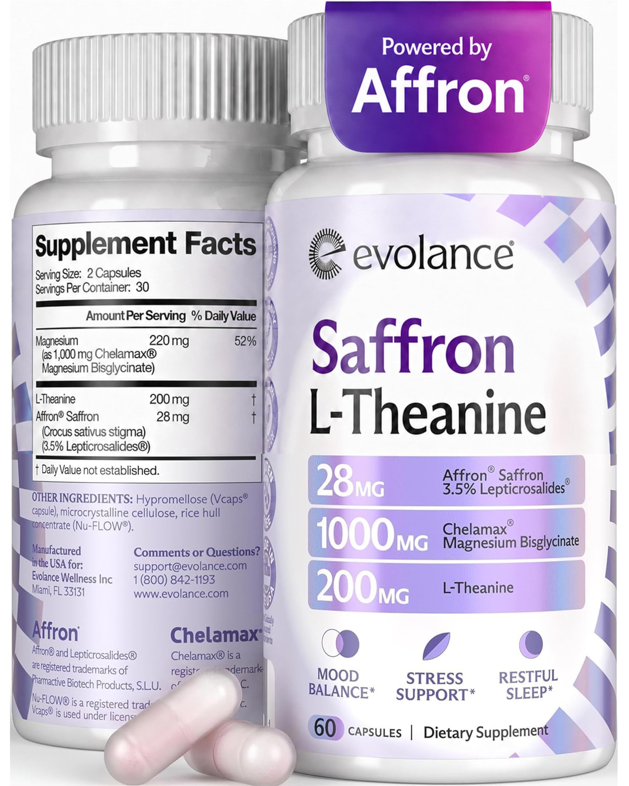Evolance Saffron Supplement 28mg front view with packaging