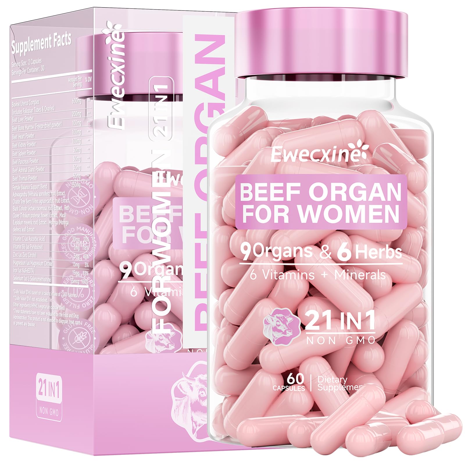 Ewecxine Beef Organ Capsules front view with packaging