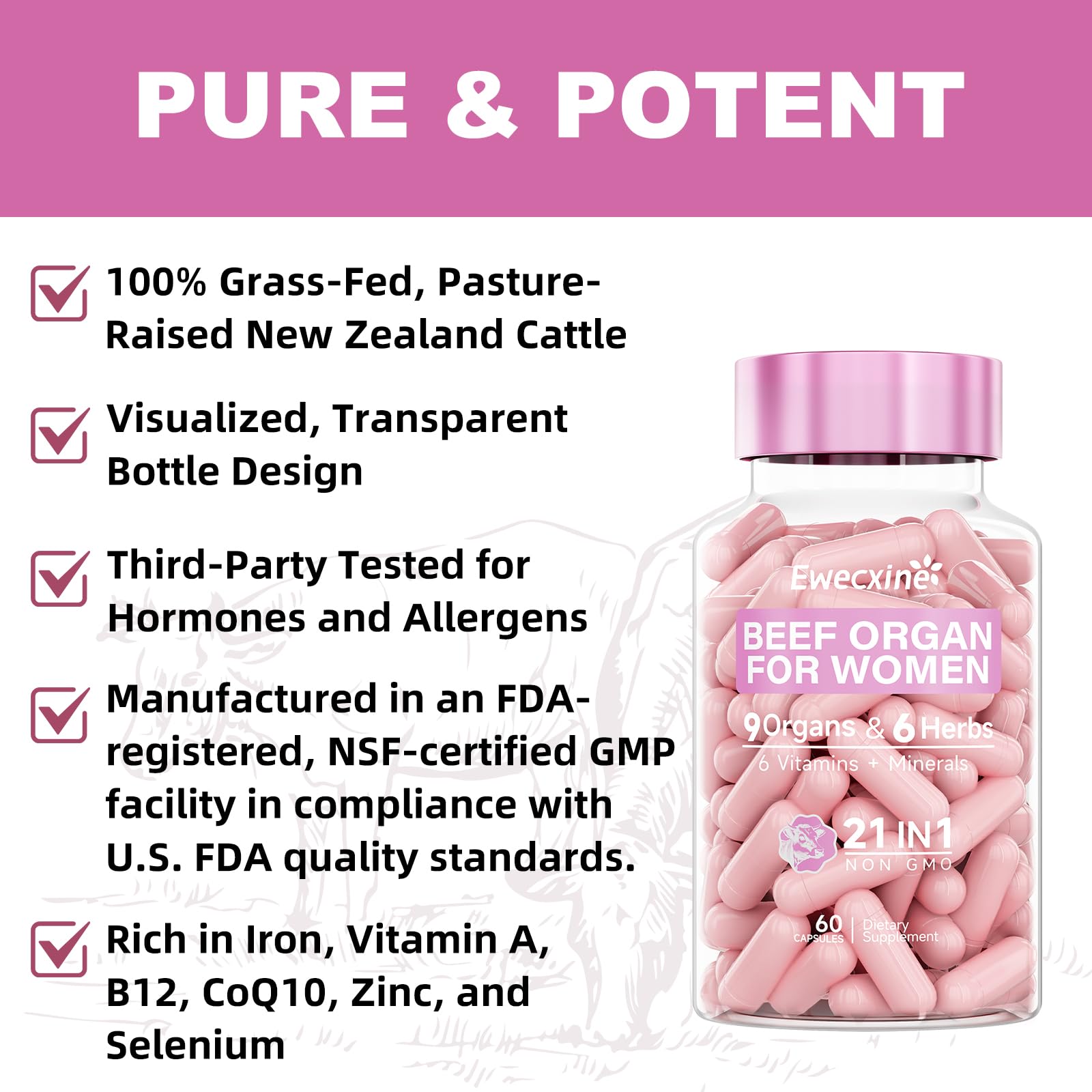 Ewecxine Beef Organ Capsules open bottle showing capsules