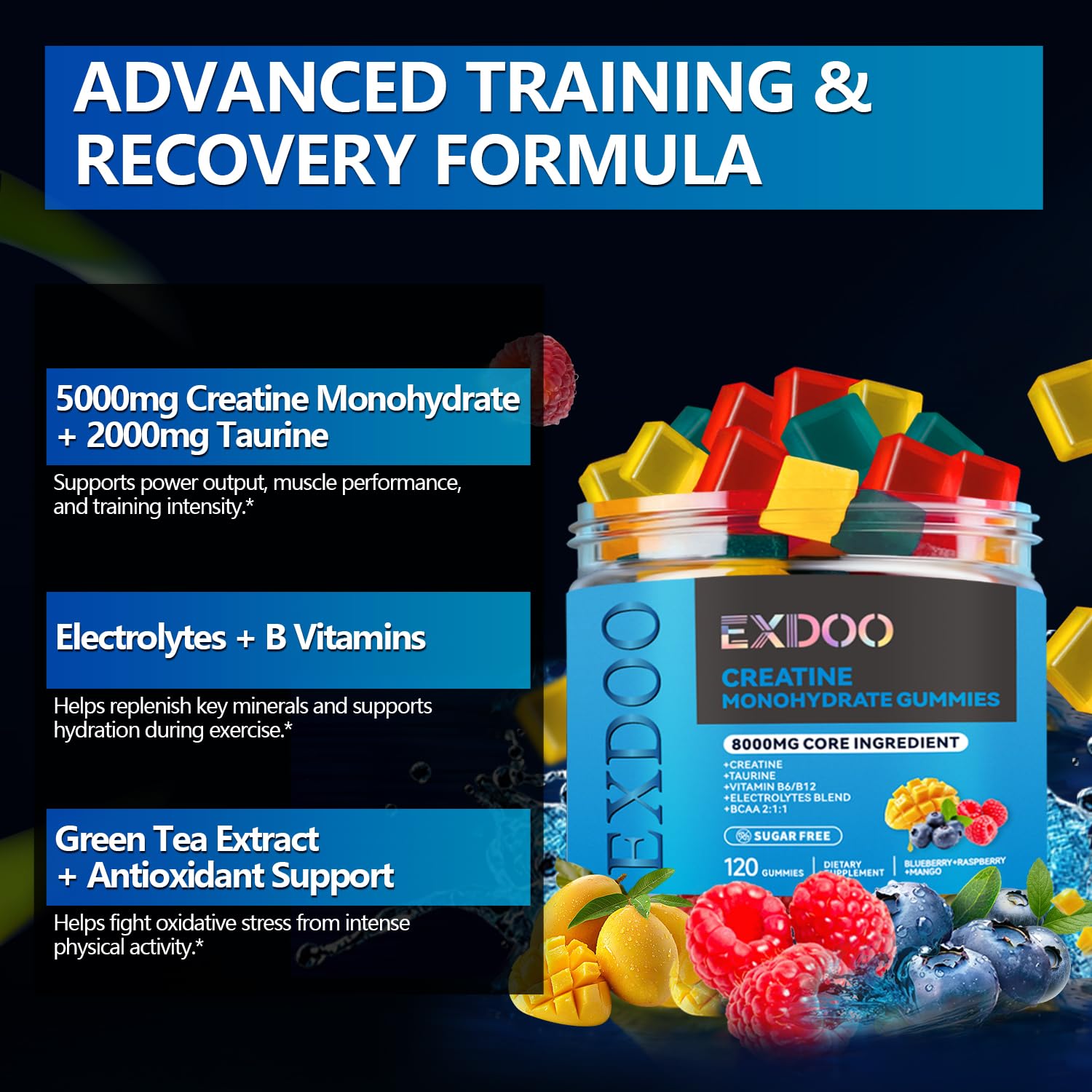 exdoo Creatine Gummies raspberry, blueberry, mango flavours