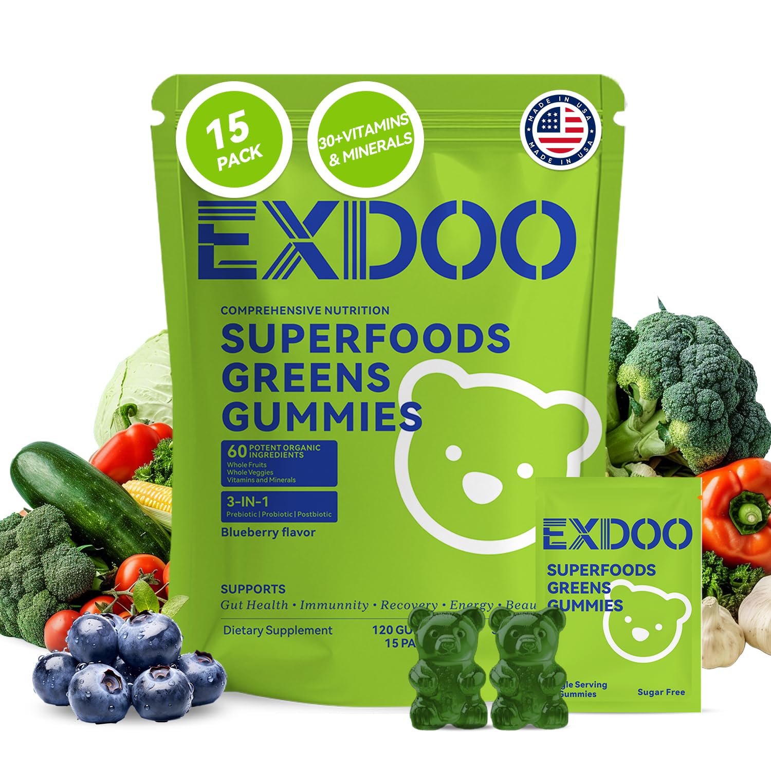 exdoo Super Green Gummies blueberry-flavoured gummies front view