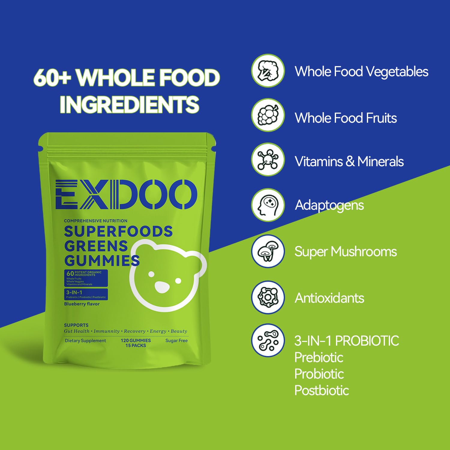 exdoo Super Green Gummies packaging with nutritional information