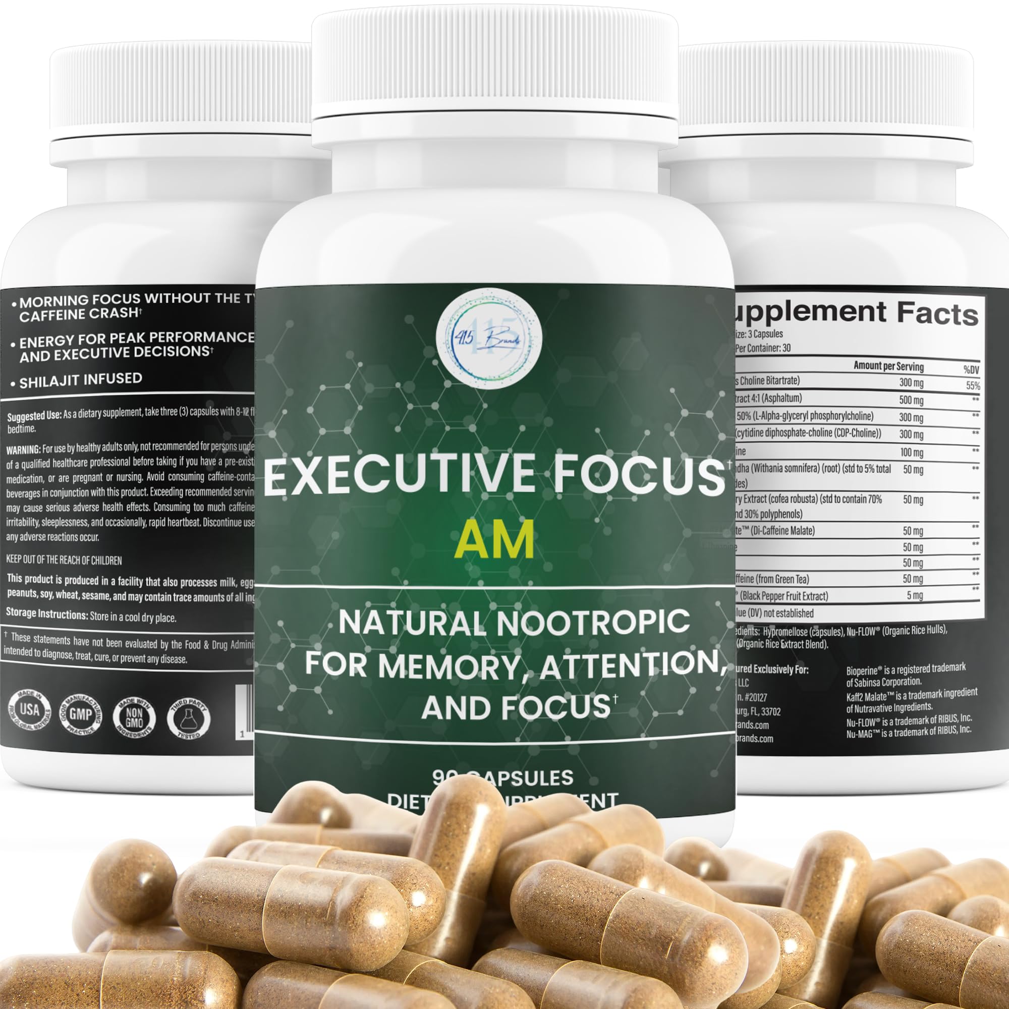 Executive Focus Nootropic Supplement with a glass of water