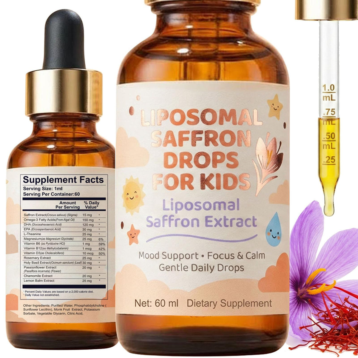 EXHERBLABS Kids Saffron Liquid Drops 60ml front view