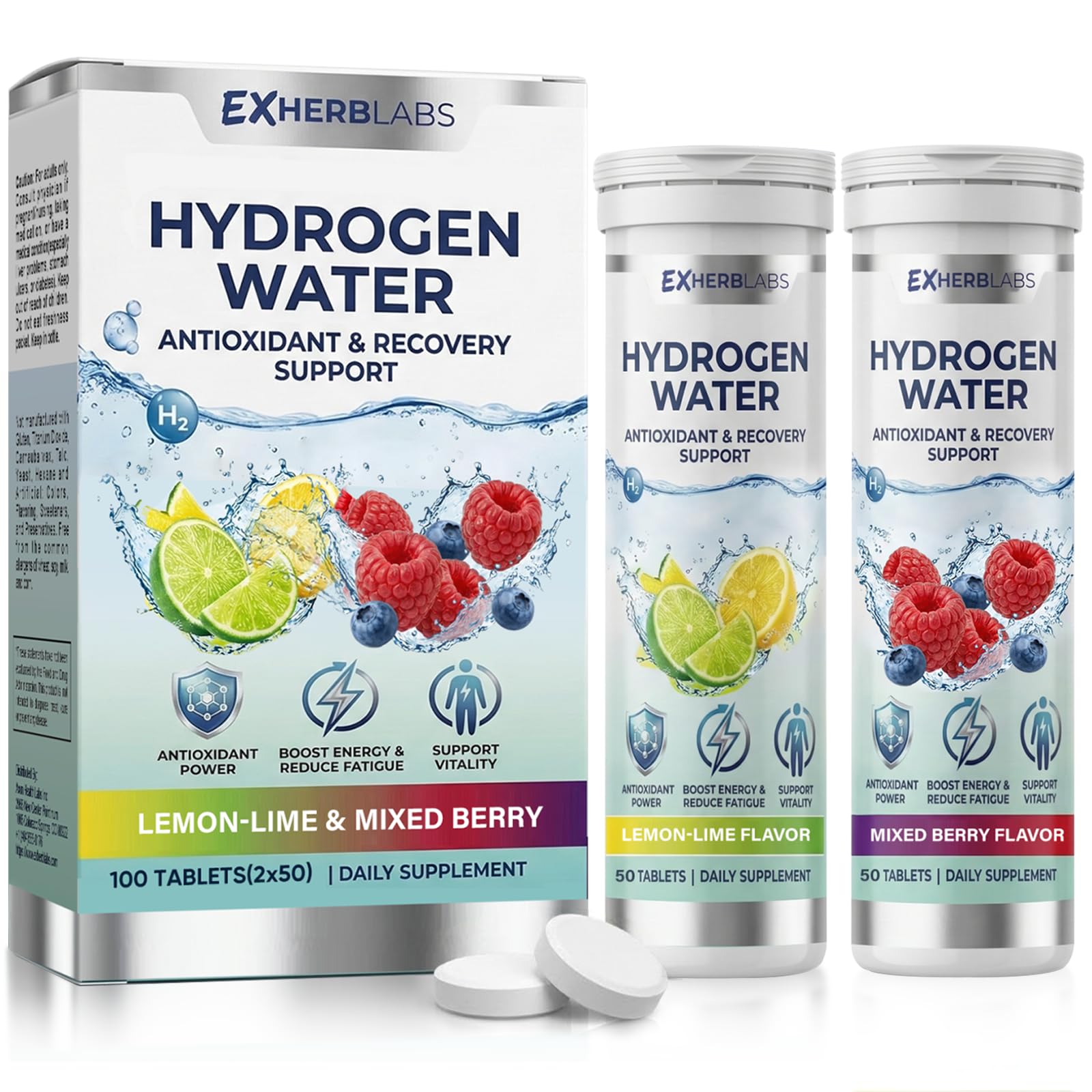 EXHERBLABS Molecular Hydrogen Tablets front view with packaging