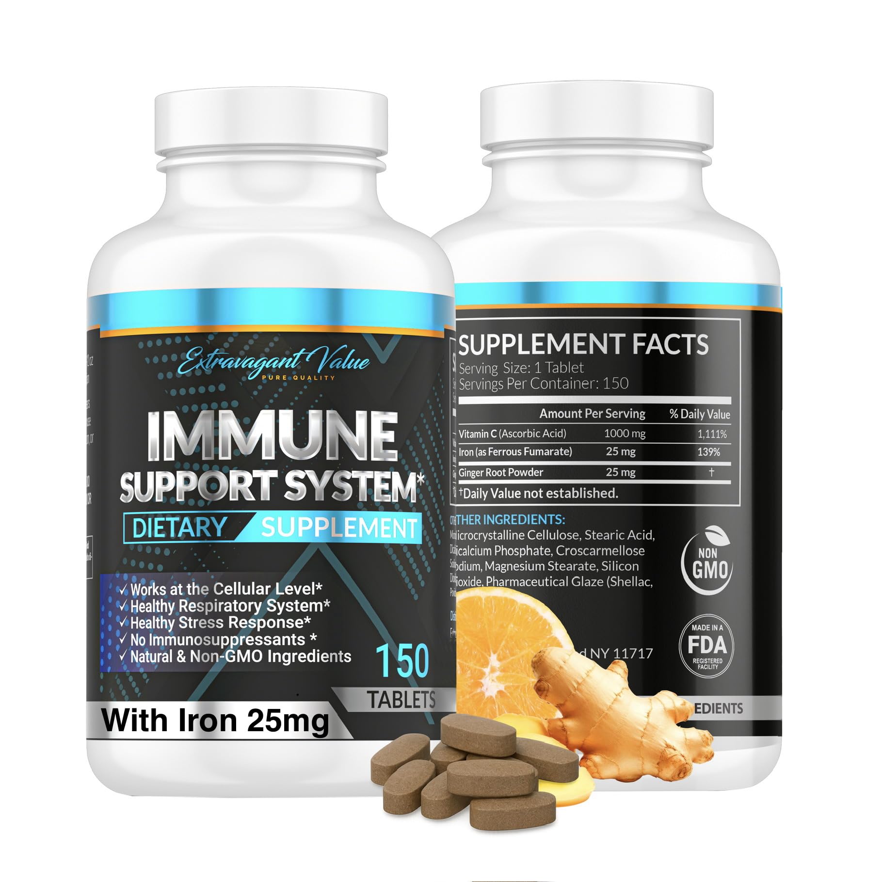 Extravagant Value Iron + Vitamin C 1000mg supplement bottle front view