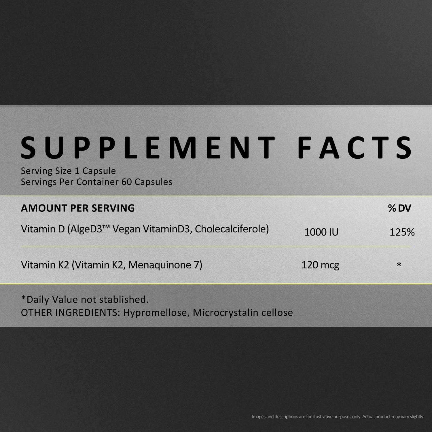 EXUVITAL D3 + K2 Capsules showing the back label