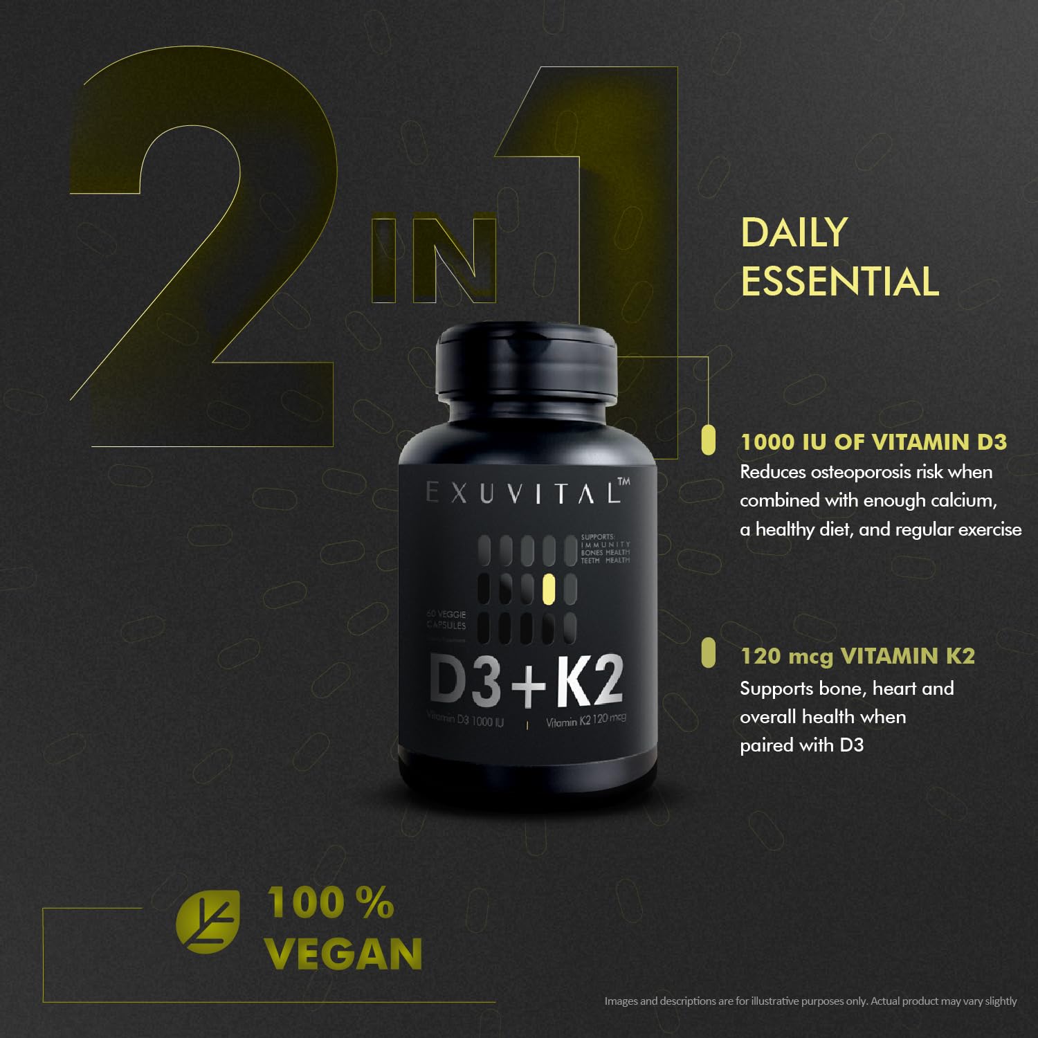 EXUVITAL D3 + K2 Capsules side view with dosage information